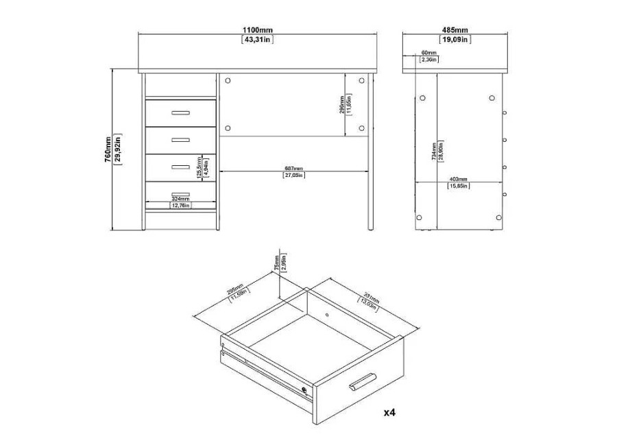 Muebles TVILUM Escritorios | Mesa De Estudio 4 Cajones Sintra Roble Patinado