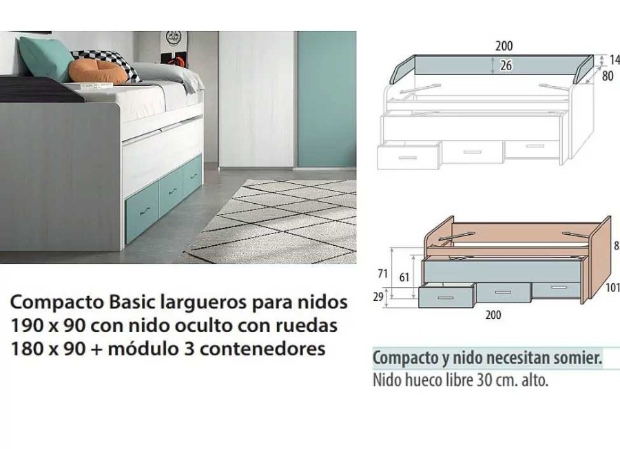 Muebles GLICERIO CHAVES Compactos Y Camas Nido | Dormitorio Compacto Bajo 3 Contenedores Con Gu As Corban Plus Tiza - Ocean - Onix.