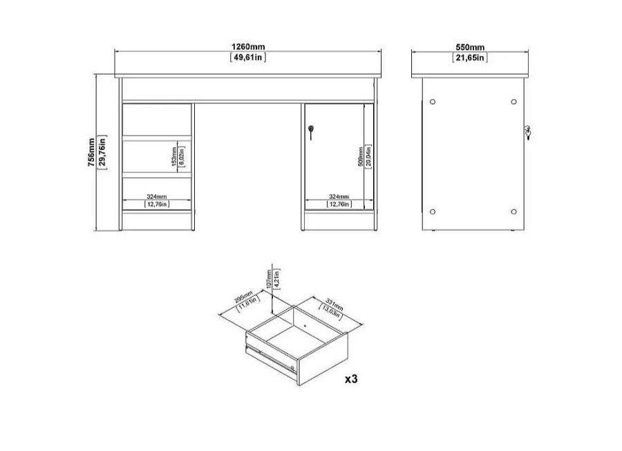 Muebles TVILUM Escritorios | Mesa De Estudio Con Puerta, 3 Cajones Y Hueco G Minis Roble Jackson